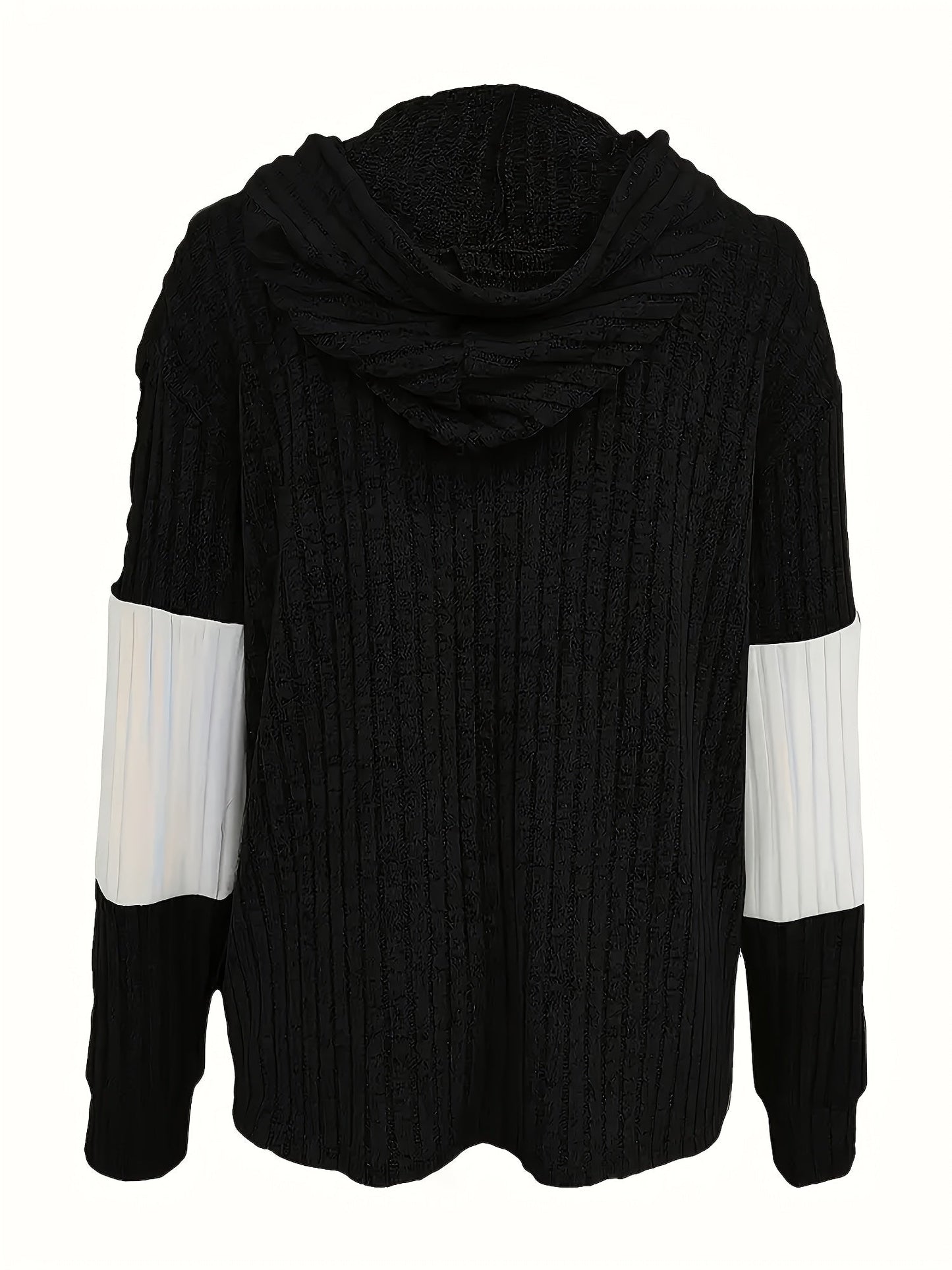 Colour Block Zip-Up Hoodie Jacket – Ribbed Knit Long Sleeve