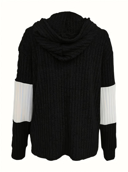 Colour Block Zip-Up Hoodie Jacket – Ribbed Knit Long Sleeve