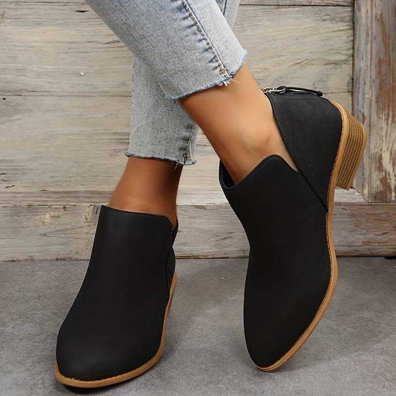 Pointed Toe Ankle Boots Block Heel – V-Cutout Back Zip Booties