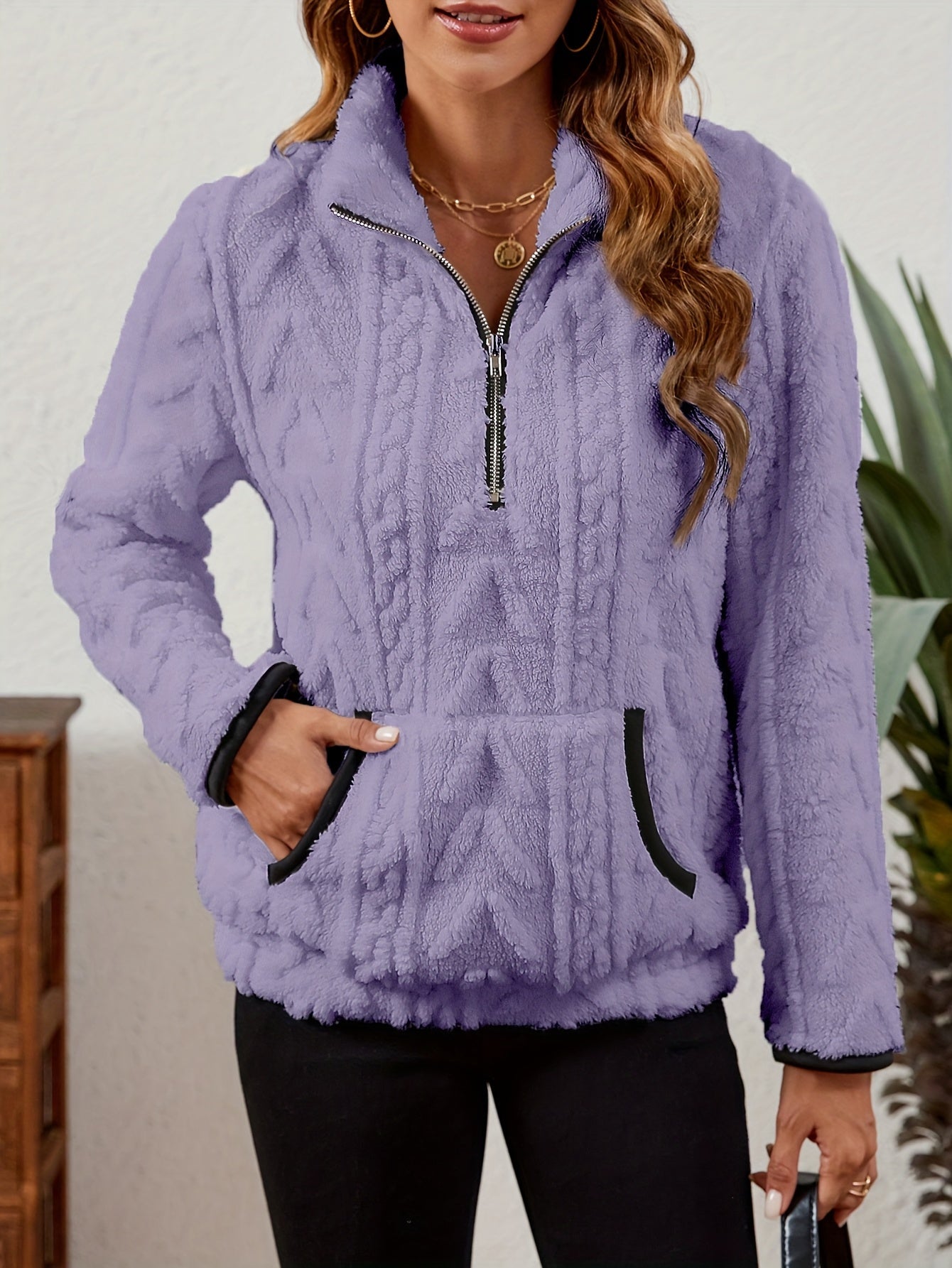 Sherpa Fleece Half-Zip Pullover – Textured Long Sleeve with Kangaroo Pocket