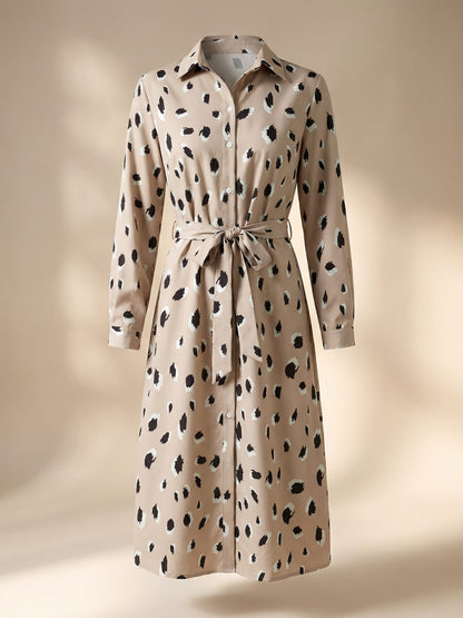 Animal Print Shirt Midi Dress – Belted Long Sleeve A-Line