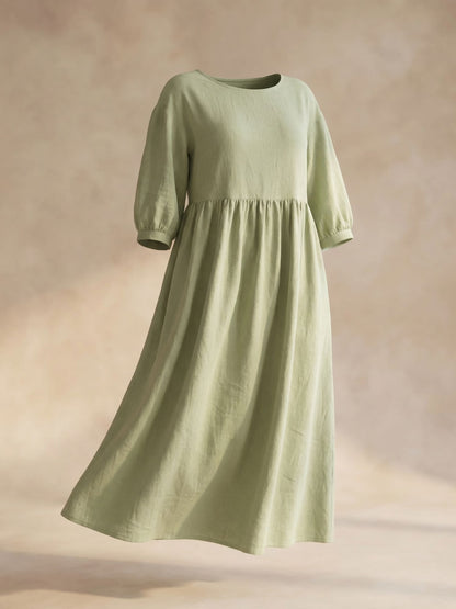 Smocked Waist Midi Dress – Puff Sleeve Round Neck A-Line