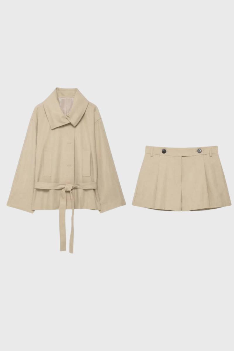 Belted Blazer Shorts Set – Women's Two-Piece Co-Ord Beige
