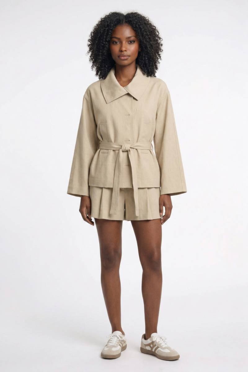 Belted Blazer Shorts Set – Women's Two-Piece Co-Ord Beige