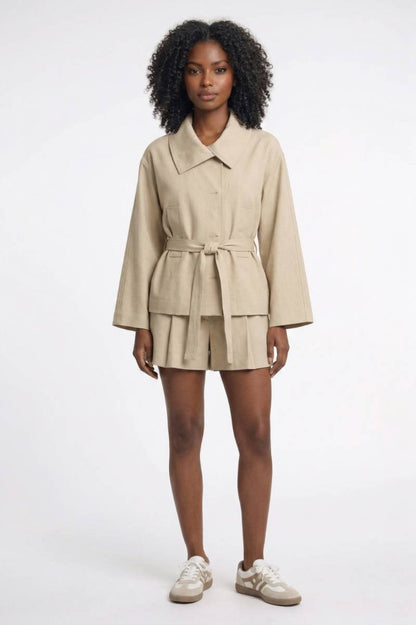 Belted Blazer Shorts Set – Women's Two-Piece Co-Ord Beige