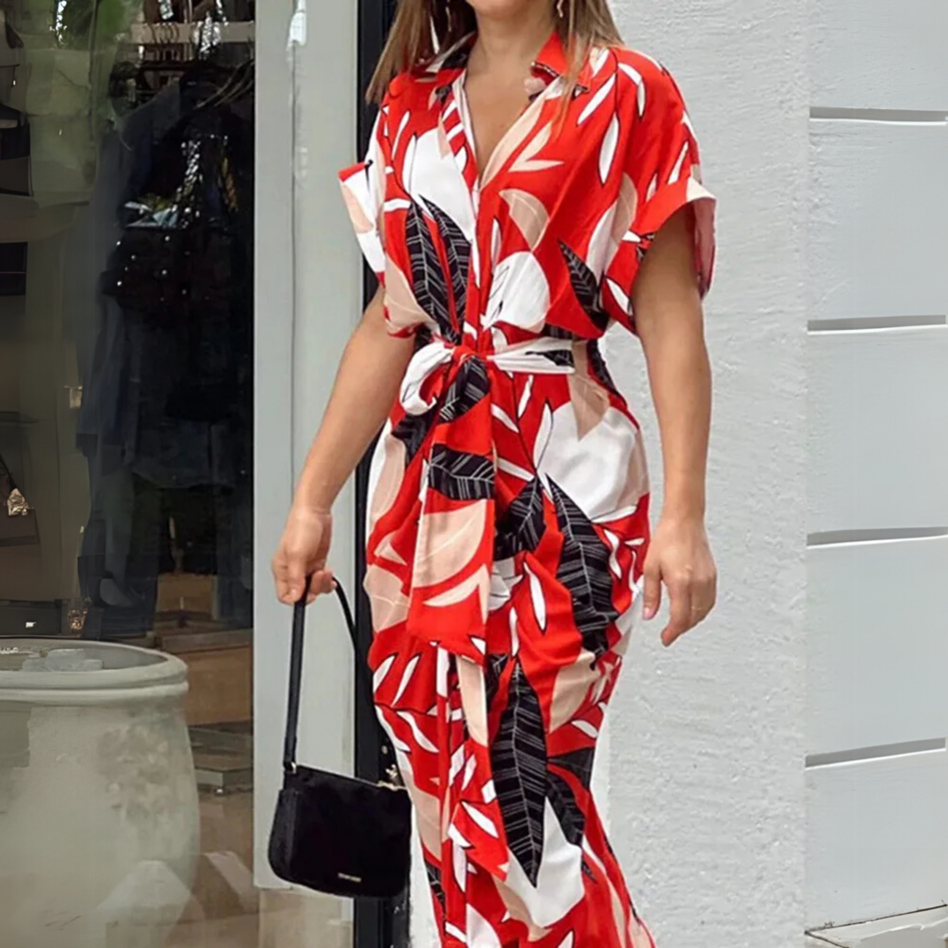 Printed Maxi Shirt Dress – Belted Button-Front Short Sleeve