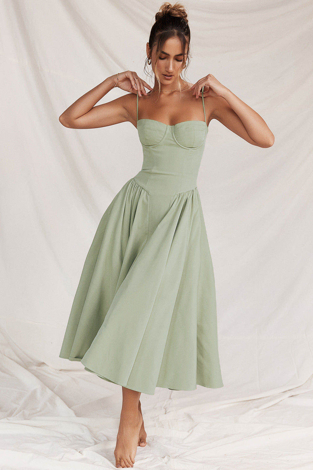 Corset Midi Dress – Fit and Flare Spaghetti Strap A-Line