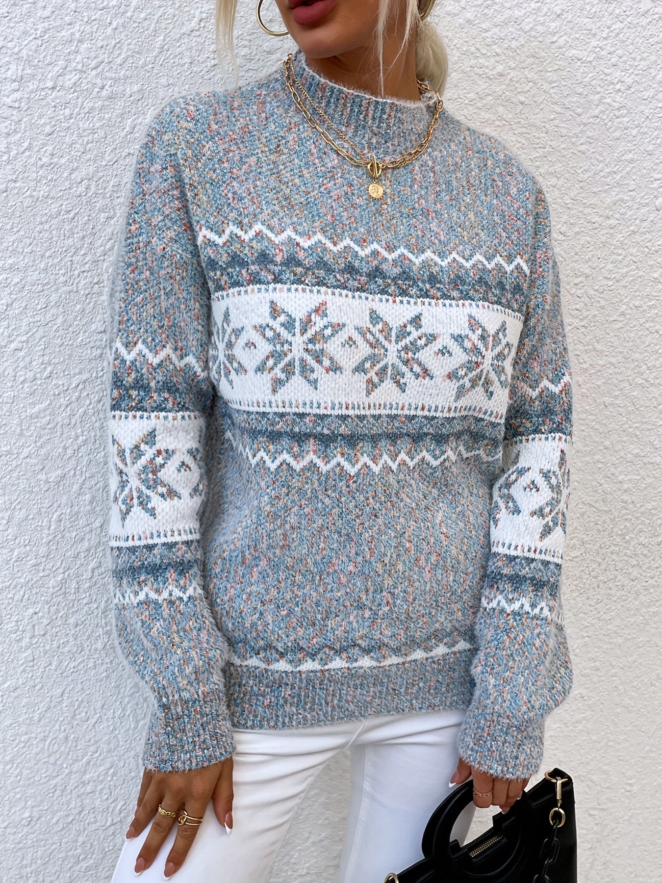 Fair Isle Snowflake Mock Neck Sweater – Relaxed Fit Winter Pullover
