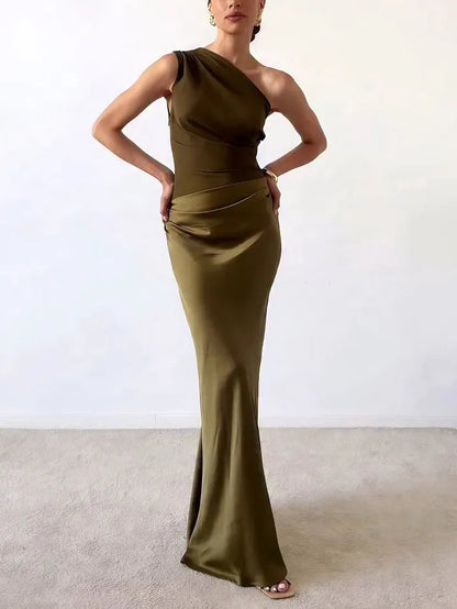 One Shoulder Ruched Satin Maxi Dress – Sleeveless Formal Wedding Guest Gown