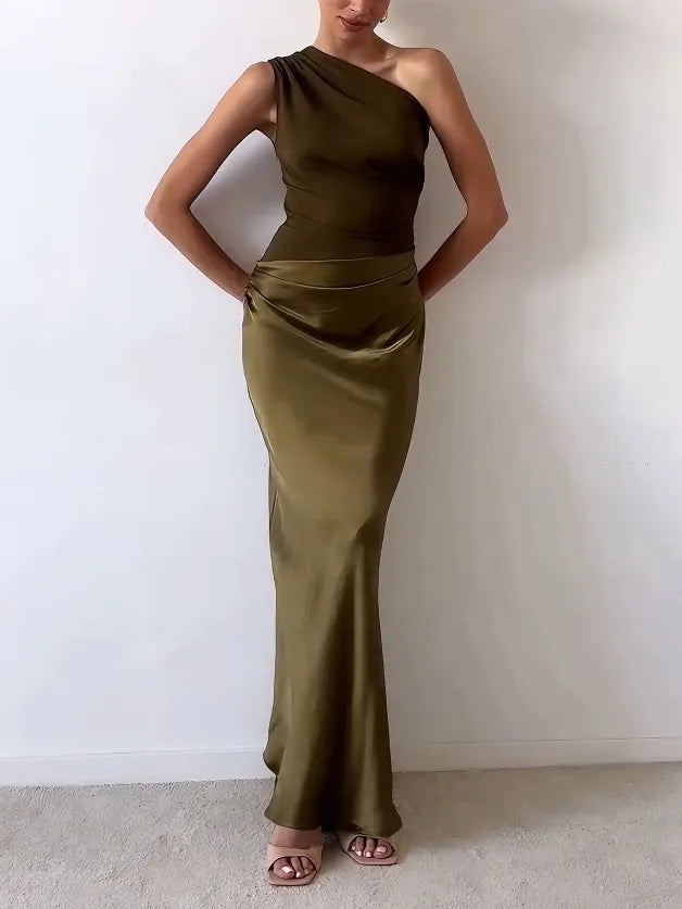 One Shoulder Ruched Satin Maxi Dress – Sleeveless Formal Wedding Guest Gown