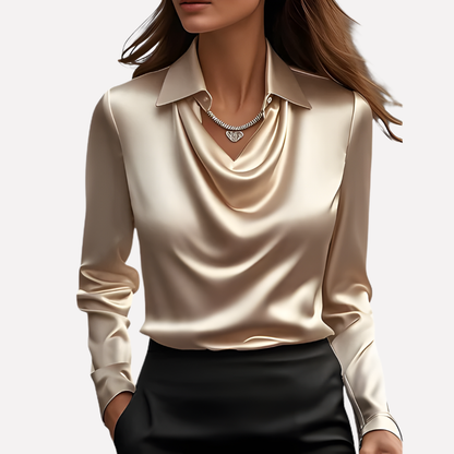 Satin Cowl Neck Blouse – Long Sleeve Collared Work Shirt