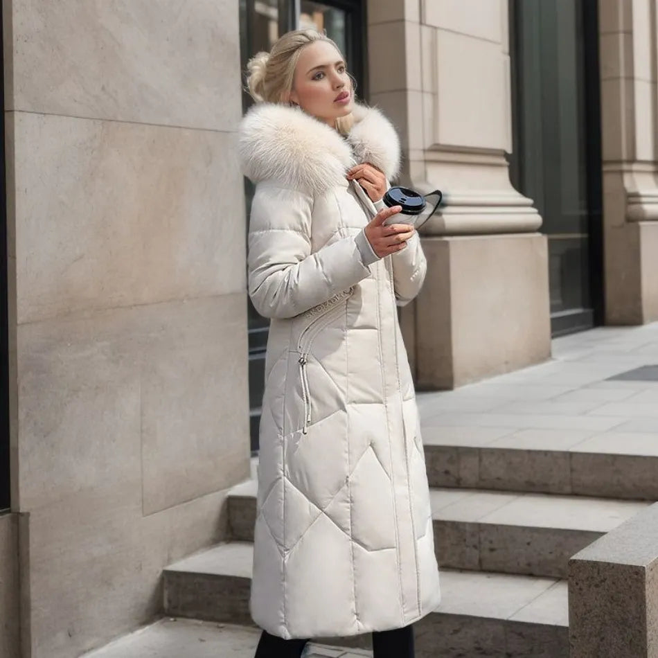 Long Quilted Puffer Coat with Fur Hood – Women's Maxi Winter Coat