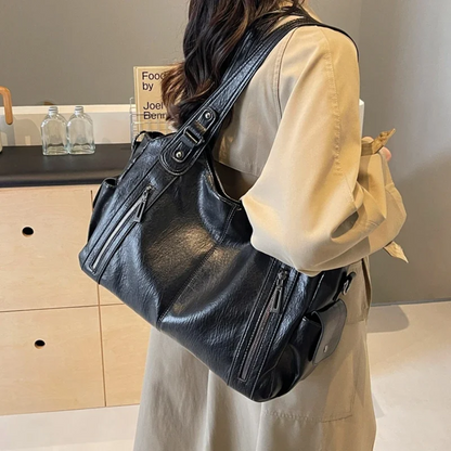 Vegan Leather Shoulder Bag – Large Multi-Pocket Crossbody Tote