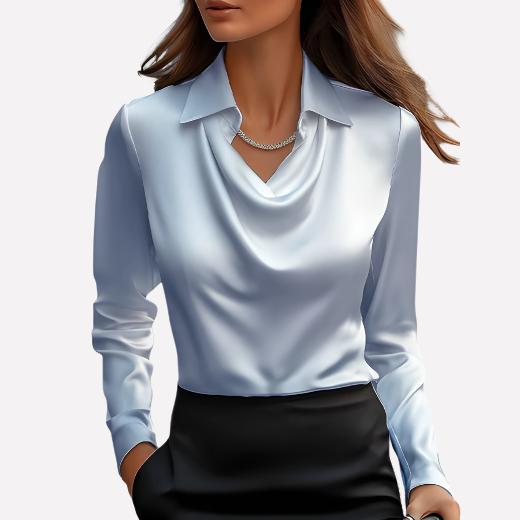 Satin Cowl Neck Blouse – Long Sleeve Collared Work Shirt