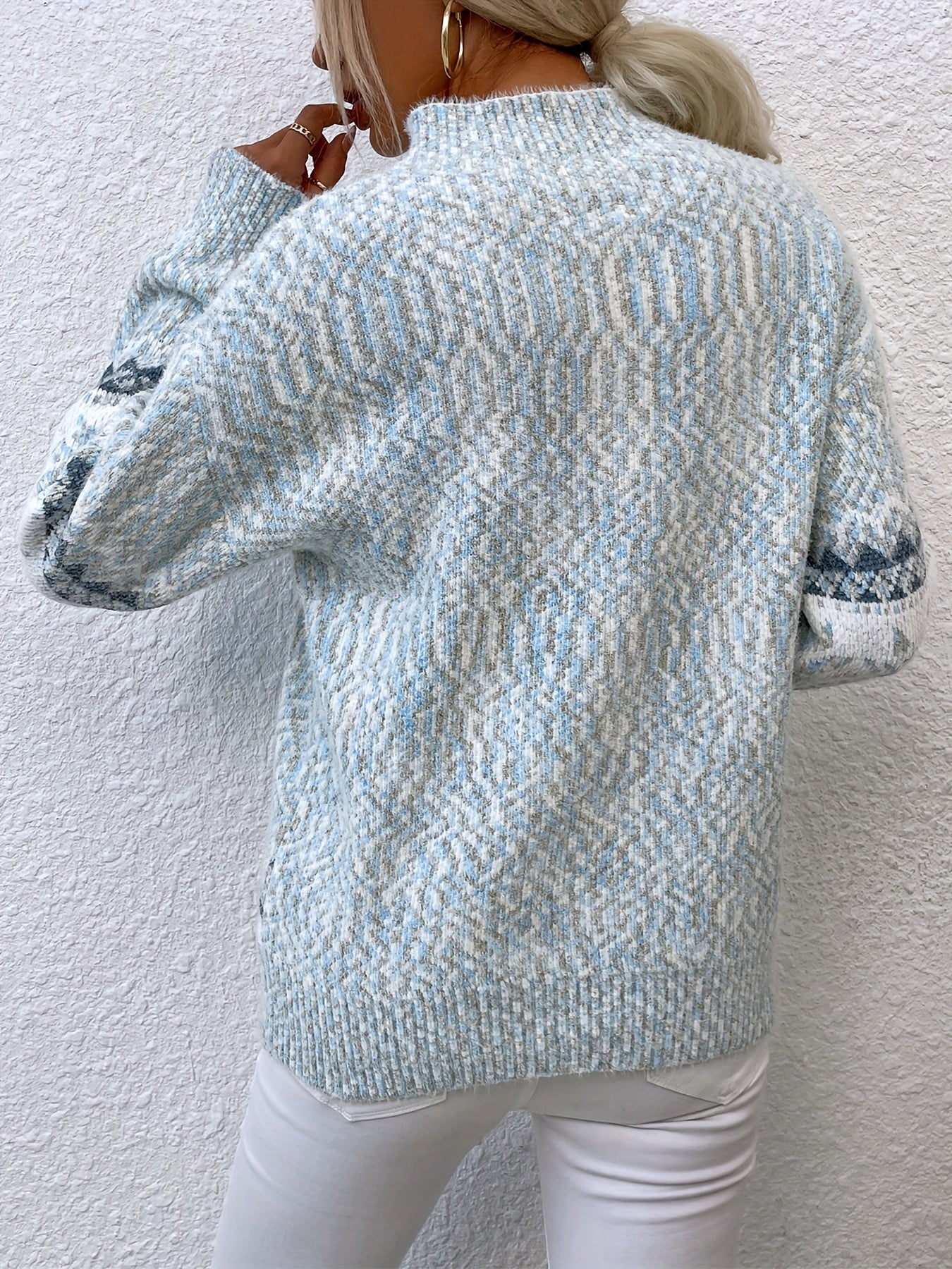 Fair Isle Snowflake Mock Neck Sweater – Relaxed Fit Winter Pullover