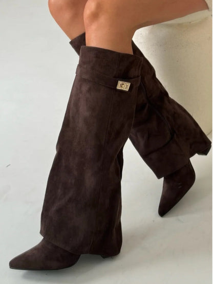 Suede Fold-Over Knee High Boots – Pointed Toe Gold Clasp