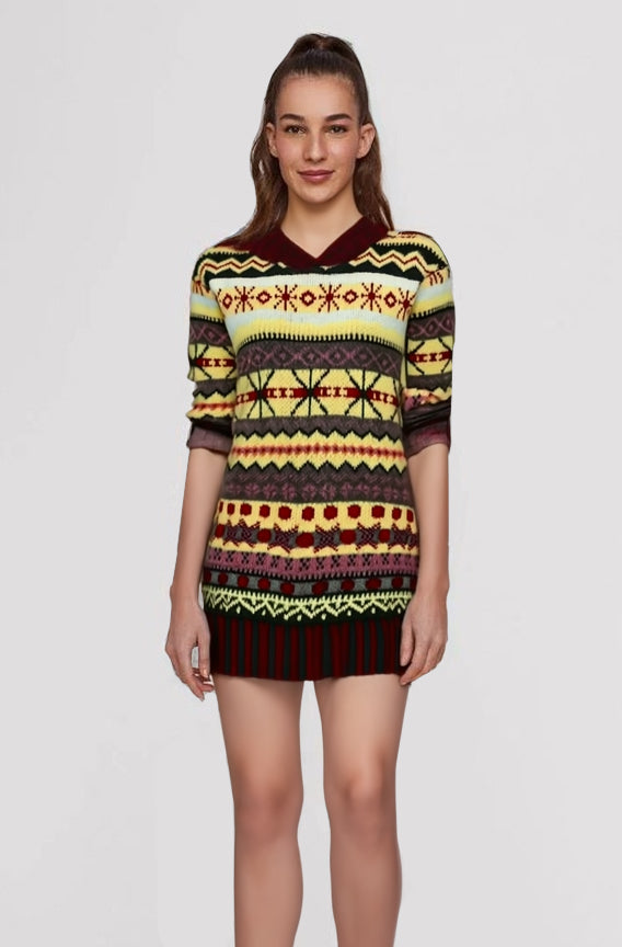 Fair Isle Knit Mini Sweater Dress – Long Sleeve Hooded Winter Dress