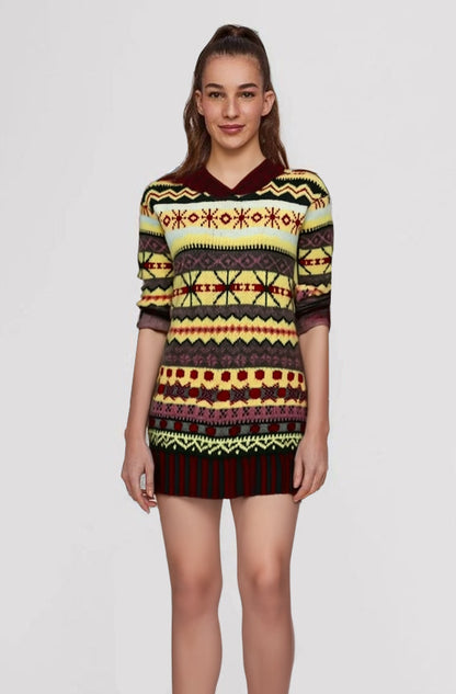 Fair Isle Knit Mini Sweater Dress – Long Sleeve Hooded Winter Dress