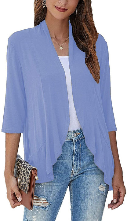 Open Front Draped Cardigan – Women's 3/4 Sleeve Lightweight Layer
