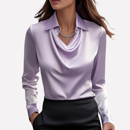 Satin Cowl Neck Blouse – Long Sleeve Collared Work Shirt