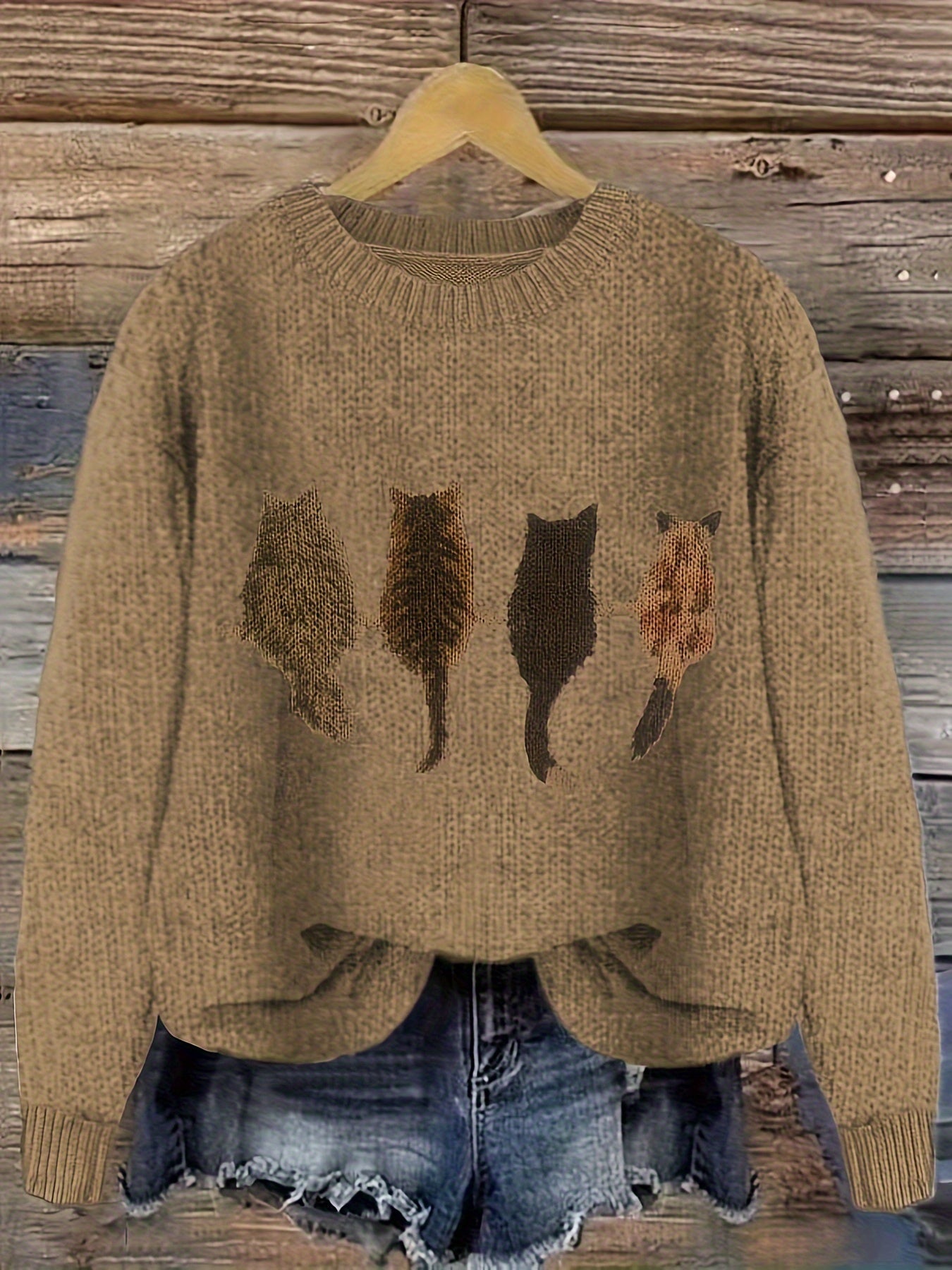 Cat Print Knit Pullover Sweater – Crewneck Relaxed Fit Long Sleeve