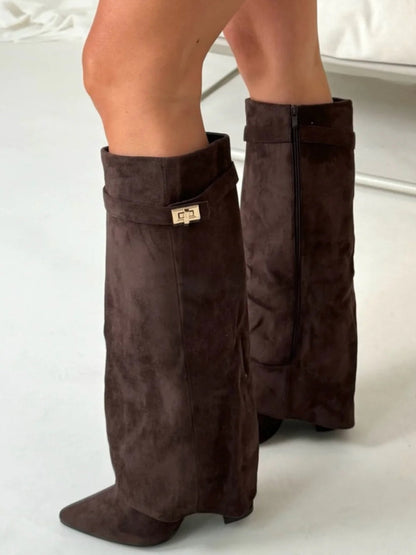 Suede Fold-Over Knee High Boots – Pointed Toe Gold Clasp