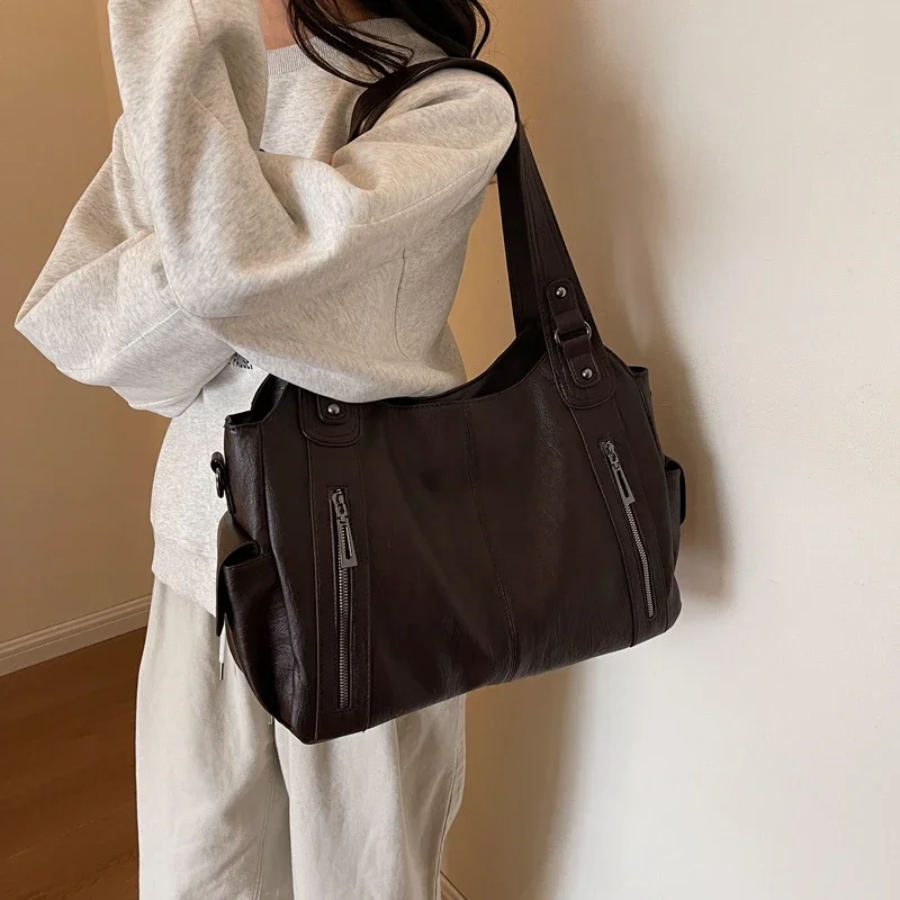 Vegan Leather Shoulder Bag – Large Multi-Pocket Crossbody Tote