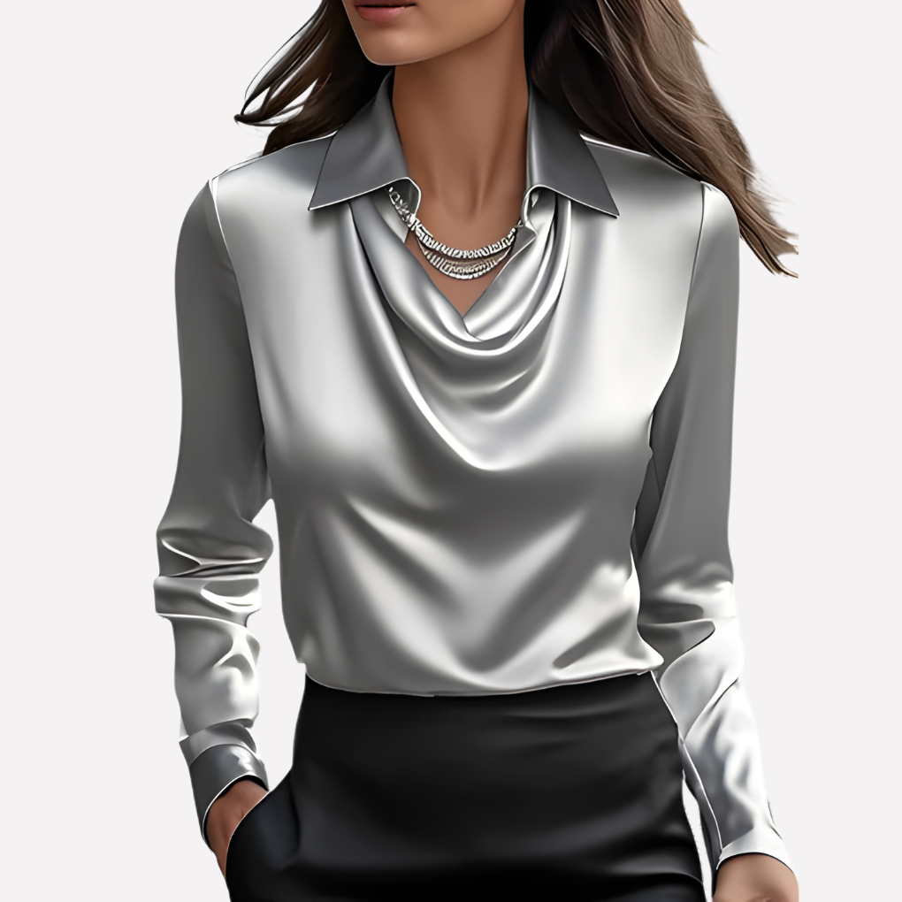 Satin Cowl Neck Blouse – Long Sleeve Collared Work Shirt