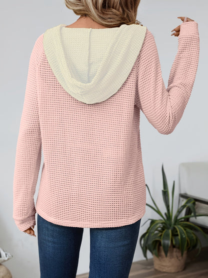 Waffle Knit Hoodie Top – Color Block Henley Long Sleeve