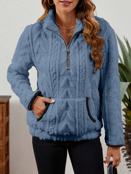 Sherpa Fleece Half-Zip Pullover – Textured Long Sleeve with Kangaroo Pocket