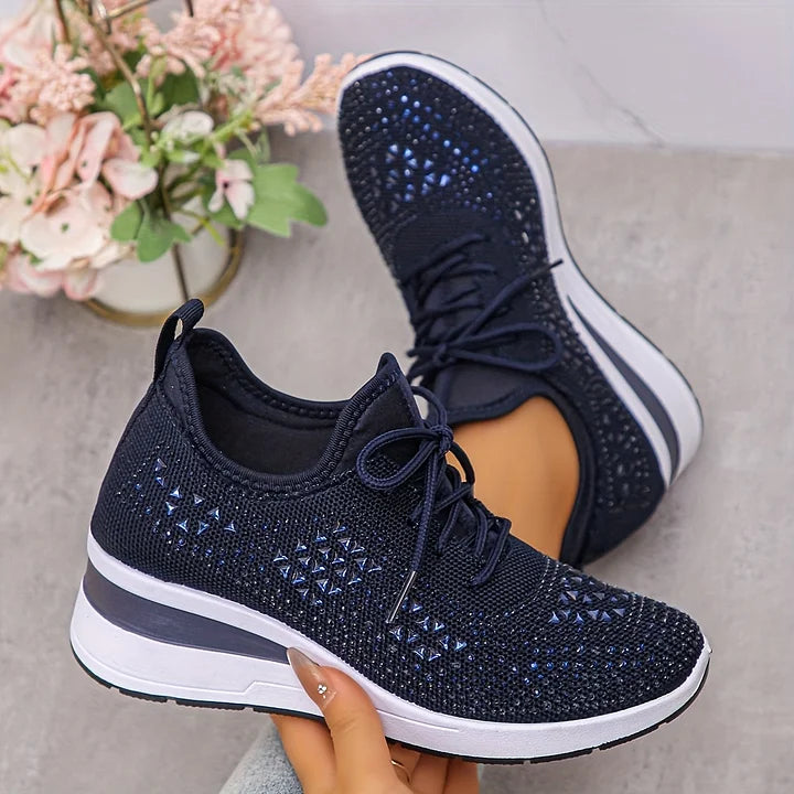 Rhinestone Knit Wedge Sneakers – Lace-Up Casual Platform Shoes