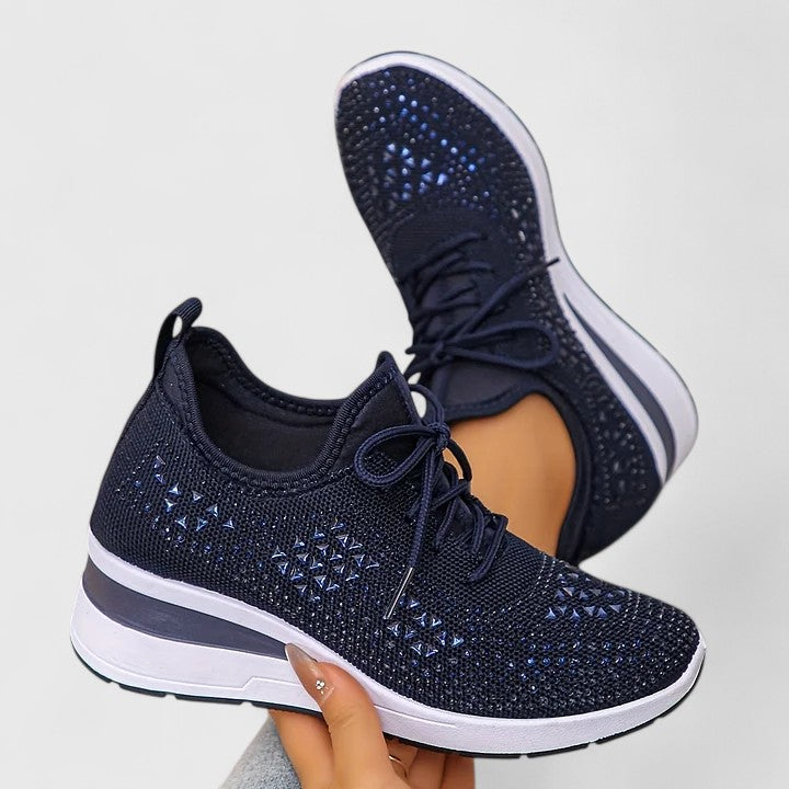 Rhinestone Wedge Sneakers – Women's Knit Lace-Up Platform Shoes
