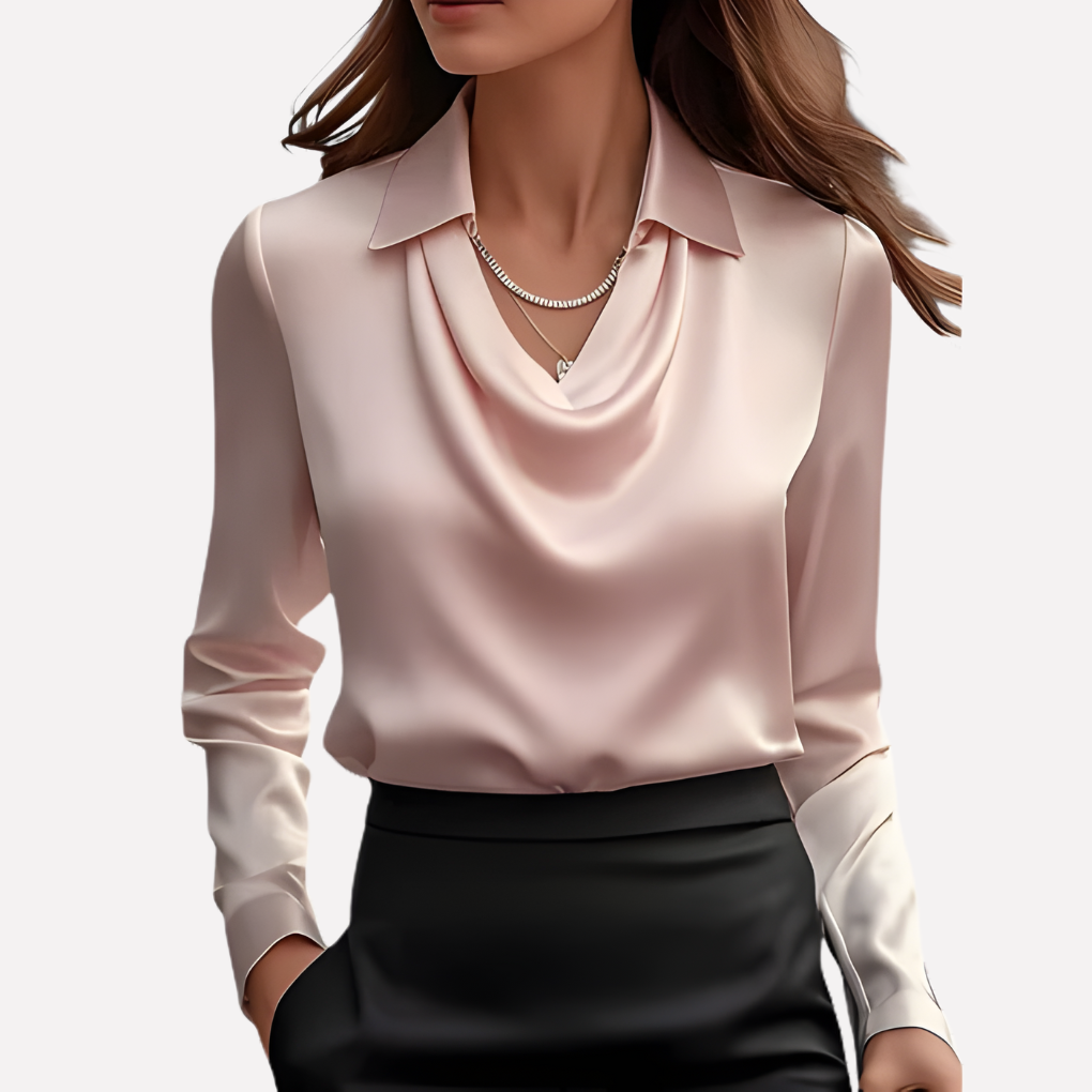 Satin Cowl Neck Blouse – Long Sleeve Collared Work Shirt
