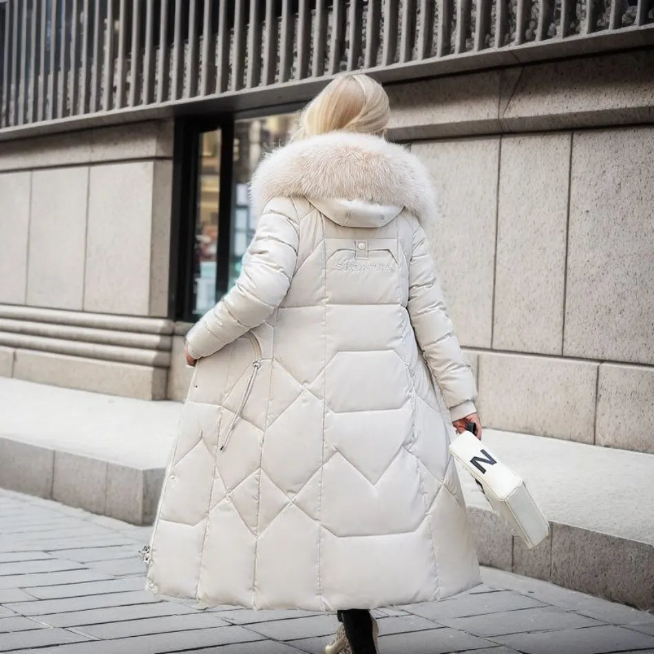 Long Quilted Puffer Coat with Fur Hood – Women's Maxi Winter Coat