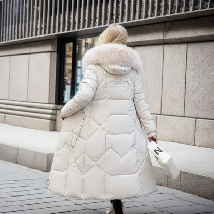 Long Quilted Puffer Coat with Fur Hood – Women's Maxi Winter Coat