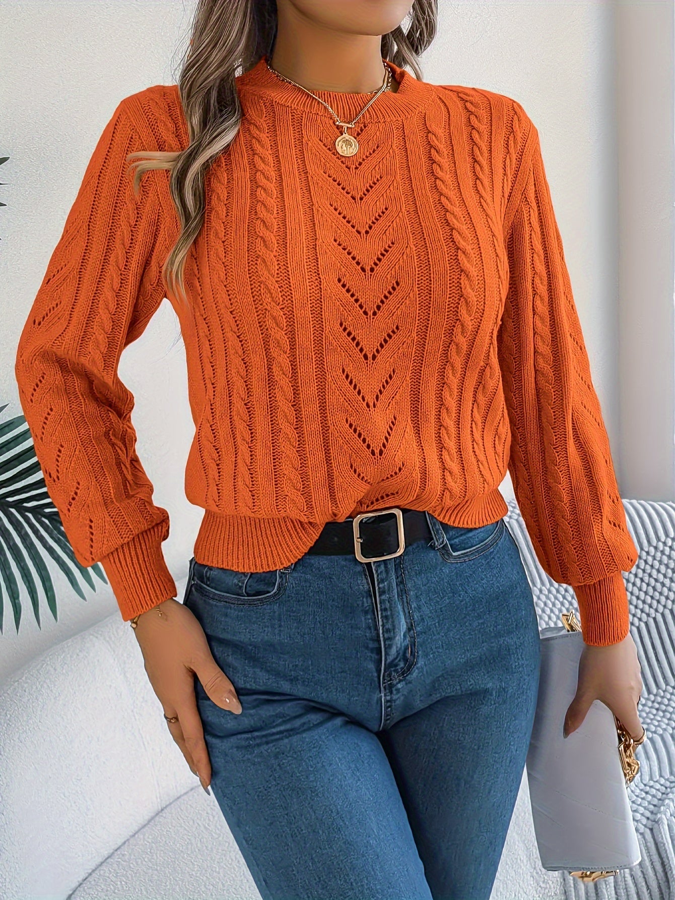Cable Knit Openwork Pullover Sweater – Crewneck Long Sleeve Relaxed Fit