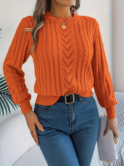 Cable Knit Openwork Pullover Sweater – Crewneck Long Sleeve Relaxed Fit