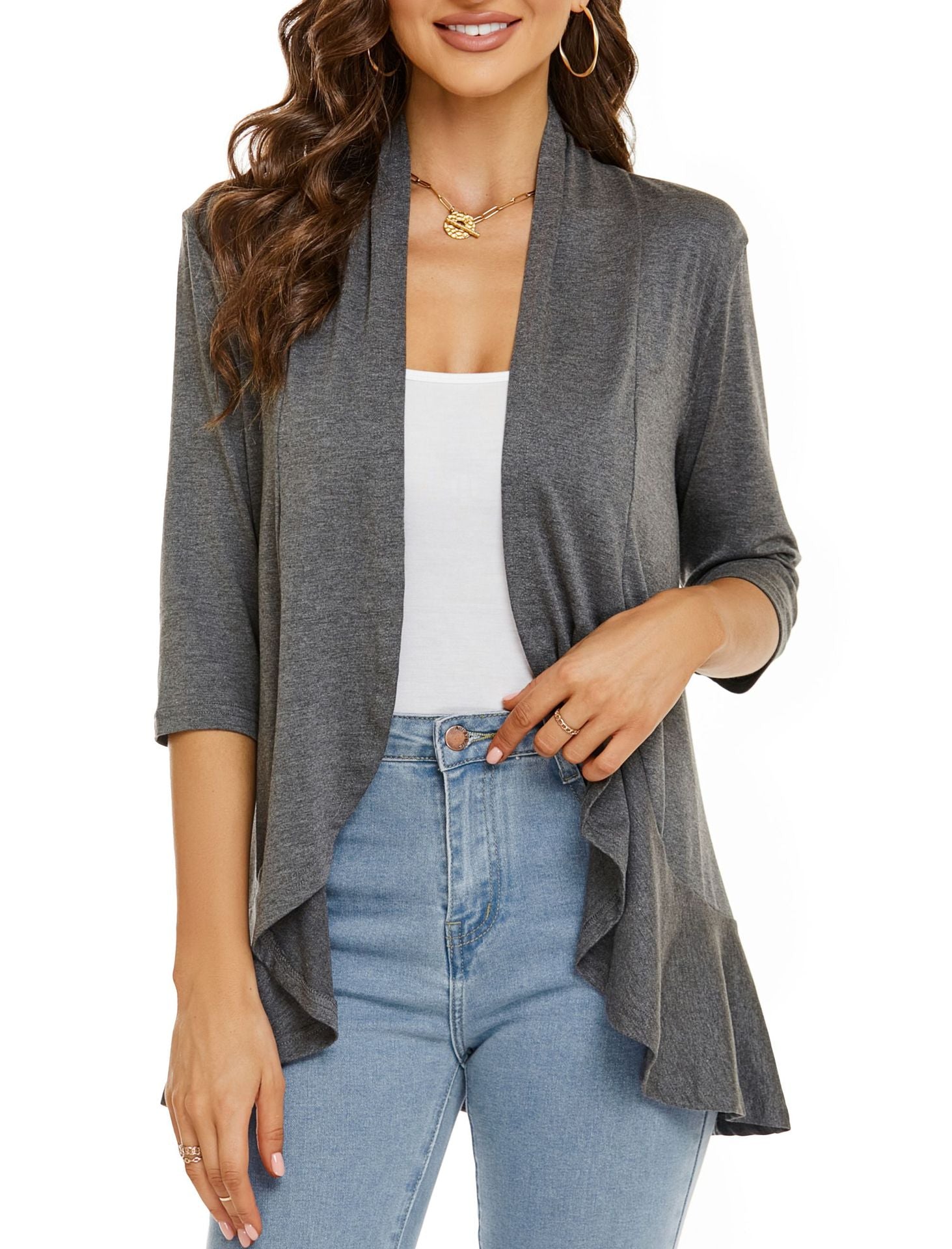Open Front Draped Cardigan – Women's 3/4 Sleeve Lightweight Layer