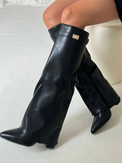 Suede Fold-Over Knee High Boots – Pointed Toe Gold Clasp