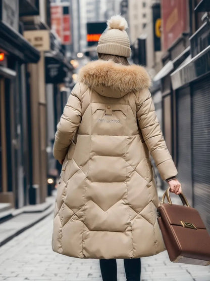 Long Quilted Puffer Coat with Fur Hood – Women's Maxi Winter Coat