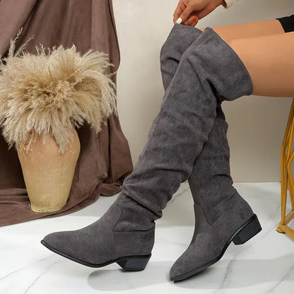 Faux Suede Over-the-Knee Slouch Boots – Block Heel Slip-On