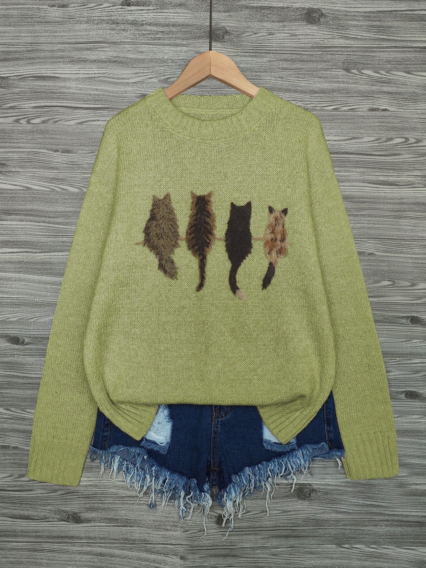 Cat Print Knit Pullover Sweater – Crewneck Relaxed Fit Long Sleeve