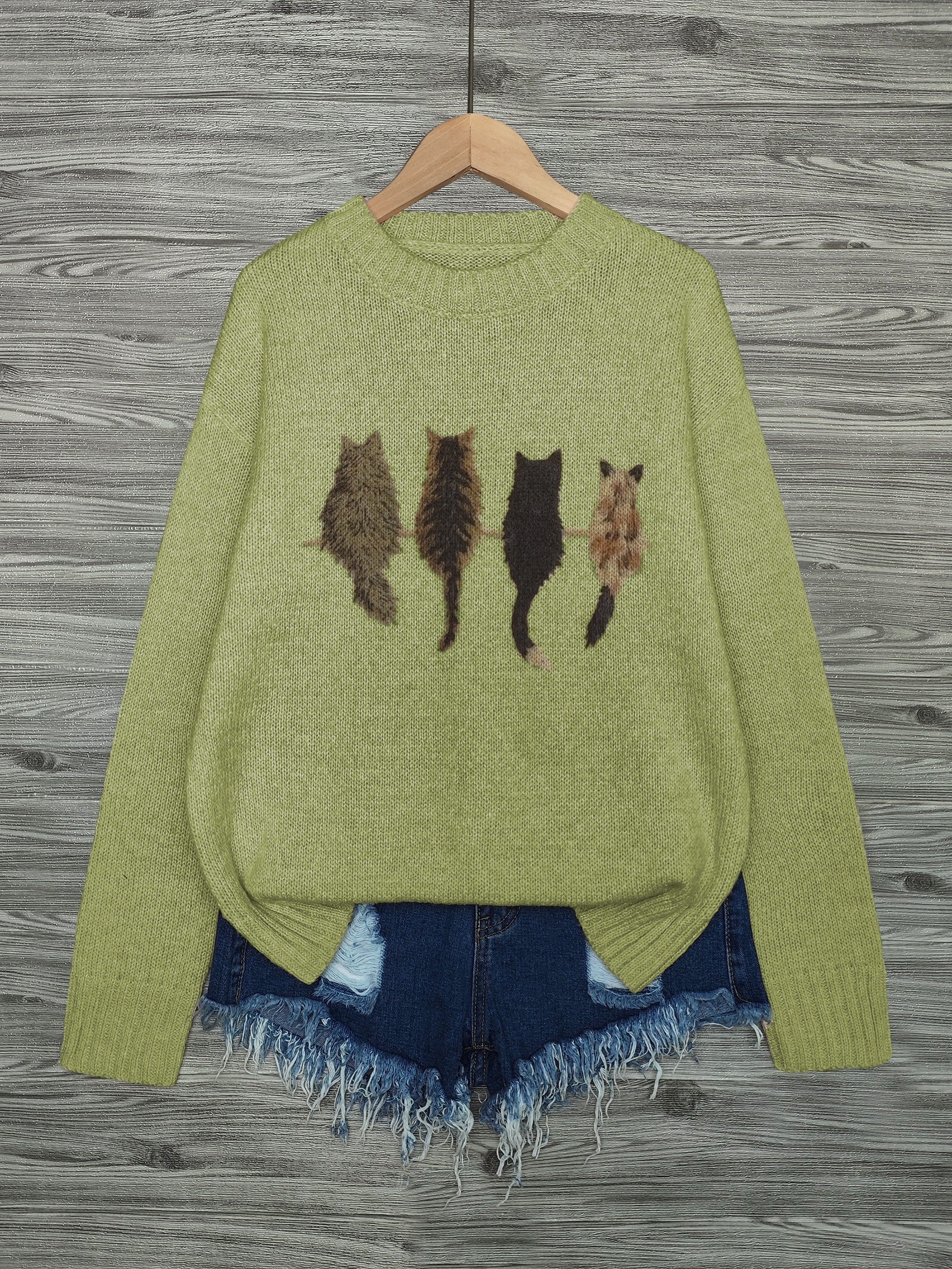 Cat Print Knit Pullover Sweater – Crewneck Relaxed Fit Long Sleeve