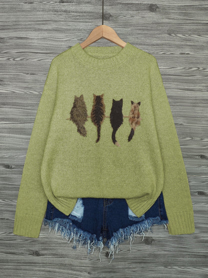 Cat Print Knit Pullover Sweater – Crewneck Relaxed Fit Long Sleeve