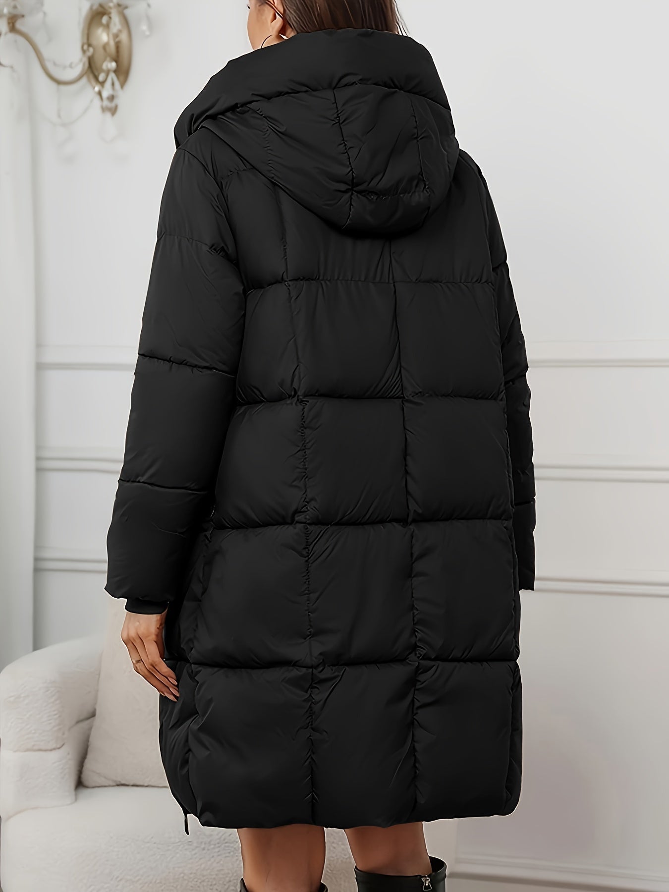 Quilted Longline Puffer Coat – Hooded Zip-Up Winter Coat