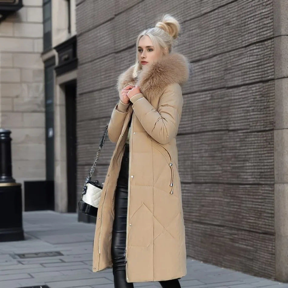 Long Quilted Puffer Coat with Fur Hood – Women's Maxi Winter Coat