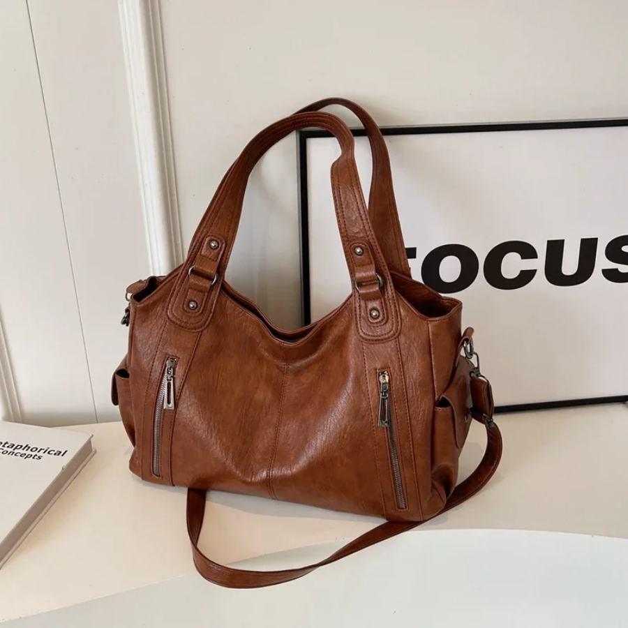 Vegan Leather Shoulder Bag – Large Multi-Pocket Crossbody Tote