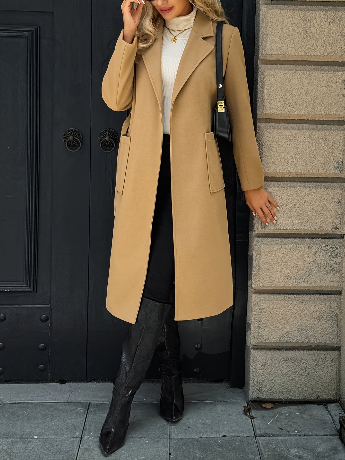 Belted Wool-Blend Long Coat – Lapel Wrap Camel Overcoat
