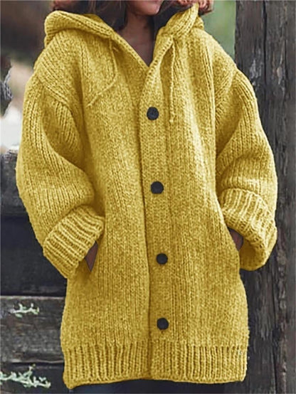 Chunky Knit Hooded Cardigan – Oversized Button-Front with Pockets