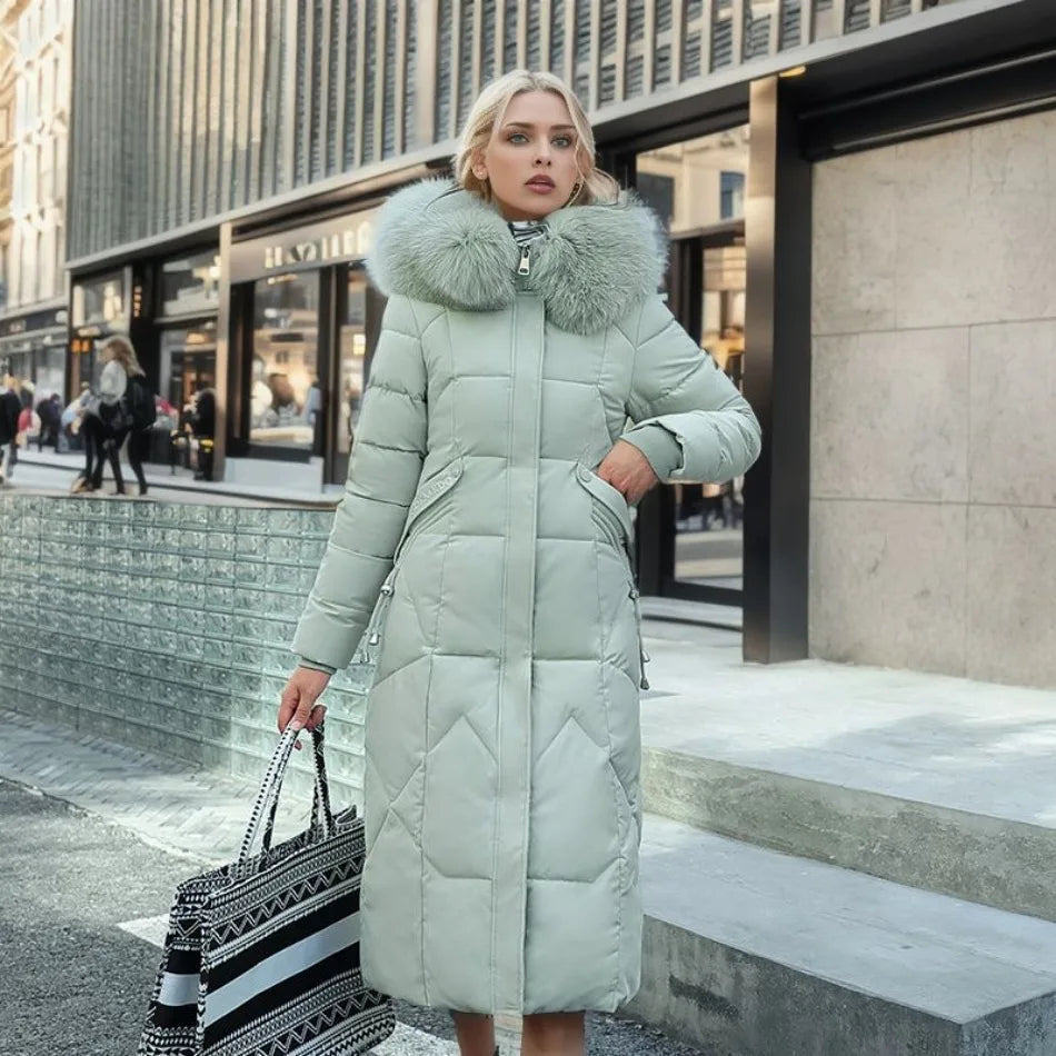 Long Quilted Puffer Coat with Fur Hood – Women's Maxi Winter Coat